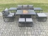 Fimous Aluminium 8 Pieces Garden Furniture Sofa Set with Cushions Gas Fire Pit Dining Table Set with 3 Footstools 2 Side Tables Dark Grey