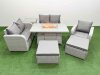 Fimous High Back Poly Rattan Garden Furniture Set with Reclining Chair Loveseat Sofa Firepit Dining Table Indoor Outdoor Patio Set 2 Big Stool Side Table Light Grey