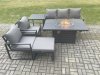 Fimous Aluminium Outdoor Garden Furniture Set Gas Fire Pit Dining Table Set Gas Heater Burner with 2 Arm Chair Side Table Big Footstool Dark Grey 6 Seater