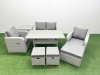 Fimous Light Grey PE Wicker Rattan Garden Furniture Set Sofa Set Reclining Chair Rectangular Dining Table 7 Seater 3 Stools Side Table