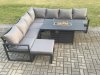 Fimous Aluminium 7 Pieces Garden Furniture Corner Sofa Set with Cushions Gas Fire Pit Dining Table Set Gas Heater Burner with Big Footstool Dark Grey