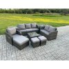 Fimous Rattan Garden Furniture 9 Piece Patio Set With Table Sofa Square Coffee Table Reclining Chair Loveseat sofa Side 3 Seater Sofa 3 Footstools 2 Side Tables