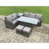 Fimous Outdoor Garden Patio Furniture Wicker Rattan Oblong Rectangular Dining Table and Lounge Sofa set with Side Table 2 Small Footstools Dark Grey Mixed