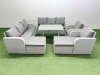 Fimous Rattan High Back Lounge Sofa Set Patio Dining Table & Chairs Set with 3 Seater Sofa 2 Reclining Chairs Side Table 2 Big Stool Light Grey