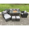 Fimous 8 Seater Wicker PE Rattan Garden Furniture Set Gas Fire Pit Dining Table Gas Heater Burner With 2 Armchairs Side Tables Footstools Dark Grey Mixed