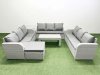 Fimous PE Rattan Lounge Sofa Set 10 Seater Outdoor Garden Furniture Set with Oblong Coffee Table 3 Seater Sofa Big Footstool Side Table Light Grey