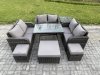 Fimous Outdoor Rattan Garden Furniture Set 9 Seater Patio Love Sofa Set with Rectangular Dining Table 3 Footstools Side Table Dark Grey Mixed