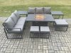 Fimous Aluminium Outdoor Lounge Sofa Garden Furniture Sets Gas Fire Pit Dining Table Set with 3 Footstools 2 Side Tables Dark Grey