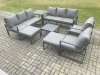 Fimous Aluminium Patio Outdoor Garden Furniture Lounge Sofa Set with Square Coffee Table 2 Chairs Side Table 2 Big Footstool Dark Grey
