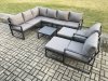 Fimous 10 Seater Outdoor Lounge Corner Sofa Set Aluminum Garden Furniture Sets with Square Coffee Table 2 Chairs 2 Big Footstool Dark Grey