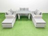 Fimous 8 Seater Patio Garden Furniture Sets with Black Glass Top Dining Table Love Sofa Side Table 2 Big Stool Light Grey
