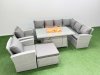 Fimous Rattan Corner Sofa Chair Set Outdoor Furniture Garden Dining Set Gas Fire Pit Table with Temper Glass Footstools Light Grey Mixed