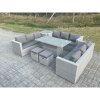 Fimous U Shape Lounge Rattan Garden Furniture Set Adjustable Rising Lifting Table Dining Set With Side Coffee Tea Table Stool
