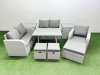 Fimous 8 Seater Outdoor Rattan Garden Furniture Set Love Sofa Reclining Chair Set with Rectangular Dining Table 2 Side Tables 3 Footstools Light Grey
