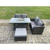 Fimous Rattan Garden Furniture Set with Gas Fire Pit Table Footstool 4 Pieces Outdoor Loveseat Sofa Set Dark Grey Mixed