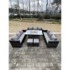 Fimous 11 Seater?Outdoor Lounge Rattan Sofa Set Garden Furniture Gas Firepit Set Dining Table With Stools Dark Grey Mixed