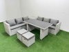 Fimous Rattan Garden Furniture Dining Set 8-seater Patio Rectangular Table Sofa Set with Side Table 2 Small Stools Light Grey