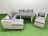 Fimous Patio Garden Furniture Sets with Black Glass Top Dining Table 3 Seater Sofa Armchair Side Table 2 Big Stool Light Grey