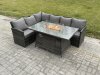 Fimous Rattan Garden Furniture High Back Corner Sofa Gas Fire Pit Dining Table Sets Gas Heater 6 Seater Dark Grey Mixed