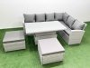 Fimous 8 Seat Rattan Garden Furniture Corner Sofa Set Outdoor Adjustable Lifting Dining or Coffee Table Set with Armchair 2 Big Footstools Light Grey