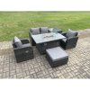 Fimous Rattan Outdoor Garden Furniture Set Gas Fire Pit Dining Table with Side Table Chair Love seat Sofa Footstool