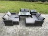 Fimous Outdoor Lounge Sofa Set Wicker PE Rattan Garden Furniture Set with Rectangular Dining Table 2 Seat Sofa 3 Footstools Side Table Dark Grey Mixed