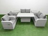 Fimous 6 Seater Outdoor Reclining Chair Love Sofa Set Rattan Garden Furniture Set with Adjustable Lifting Dining or Coffee Table 2 Side Tables Light Grey
