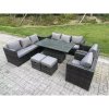 Fimous 10 Seater Wicker PE Garden Furniture Rattan Sofa Set Outdoor Adjustable Rising Lifting Dining Table Set with 2 Armchairs 2 Stools Dark Grey Mixed