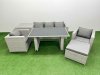 Fimous Patio Garden Furniture Sets with Black Glass Top Dining Table Armchair 3 Seater Sofa Side Table Big Stool Light Grey