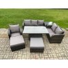 Fimous Rattan Outdoor Furniture Garden Dining Set Patio Height Adjustable Rising lifting Table Reclining Chair Sofa With Side Tables 2 Big Footstool Dark Grey Mixed