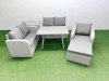 Fimous 6 Seater Outdoor Rattan Garden Furniture Set Love Sofa Reclining Chair Set with Rectangular Dining Table Side Table Big Footstool Light Grey