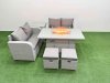 Fimous 6 Seater Outdoor Love Sofa Set Rattan Garden Furniture Set with Firepit Dining Table 2 Small Stools Side Table Light Grey