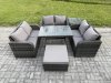 Fimous Rattan Garden Furniture Set 7 Seater Patio Outdoor Love Sofa Set with Rectangular Dining Table Big Footstool Side Table Dark Grey Mixed