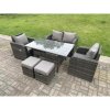 Fimous Dark Grey PE Wicker Rattan Garden Furniture Set Love Sofa Reclining Chair Outdoor Rectangular Dining Table Stools 6 Seater