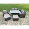 Fimous 7 Seater Rattan Furniture Garden Dining Set Outdoor Height Adjustable Rising lifting Table Love Sofa Chair With 2 Big Footstool