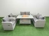 Fimous 6 Seater Outdoor Reclining Chair Love Sofa Set Rattan Garden Furniture Set with Firepit Dining Table 2 Side Tables Light Grey