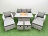Fimous PE Rattan Lounge Sofa Set 9 Seater Outdoor Garden Furniture Set with Gas Firepit Table 3 Seater Sofa 2 Big Footstools Side Table Light Grey