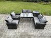 Fimous Rattan Garden Furniture Set 6 Seater Patio Outdoor Lounge Sofa Set with Rectangular Dining Table Love Seat Sofa Side Table Dark Grey Mixed