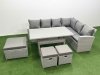 Fimous Rattan Garden Furniture Set Outdoor 9 Seater Patio Dining Corner Sofa Sets with Dining Table 3 Footstools Light Grey Mixed