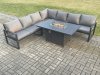 Fimous Aluminium 6 Pieces Garden Furniture Corner Sofa Set with Cushions Gas Fire Pit Dining Table Set Gas Heater Burner Dark Grey