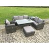 Fimous 7 Seater Garden Rattan Furniture Dining Table Sofa Set Indoor Outdoor with Reclining Chairs Big Footstool Side Table Dark Grey Mixed