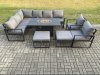 Fimous Aluminium Patio Outdoor Garden Furniture Corner Sofa Set Gas Fire Pit Dining Table with 2 Chairs 2 Big Footstools Dark Grey