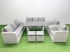 Fimous 10 Seater Wicker PE Rattan Furniture Outdoor Dining Table 3 Seater Sofa Reclining Chair Set with 2 Side Tables 2 Small Stools Light Grey