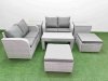 Fimous 6 Seater Outdoor Love Sofa Set Rattan Garden Furniture Set with Oblong Coffee Table 2 Footstool 2 Side Tables Light Grey
