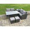 Fimous Garden Patio Furniture Wicker Rattan Oblong Rectangular Dining Table and Loveseat Sofa set with Side Table 2 Small Footstools Dark Grey Mixed