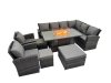 Fimous Outdoor Furniture Garden Dining Set Rattan Corner Sofa Chair Set Gas Fire Pit Table with Temper Glass 3 Footstools Dark Grey Mixed