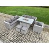 Fimous 9 Seater Outdoor Garden Dining Sets Rattan Furniture Gas Fire Pit Dining Table Gas Heater with Armchair 2 Small Footstools Light Grey