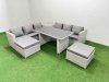 Fimous Rattan Garden Furniture Dining Set 8-seater Patio Rectangular Table Sofa Set with Side Table 2 Big Stools Light Grey