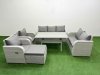 Fimous PE Rattan Garden Furniture Set Reclining Chair Sofa Double Love Seat 2 Seater Sofa Lounge Set Rectangular Dining Table Big Footstool Light Grey