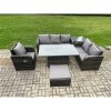 Fimous Outdoor Rattan Furniture Garden Dining Set Patio Height Adjustable Rising lifting Table Reclining Chair Sofa With Side Table Big Footstool Dark Grey Mixed